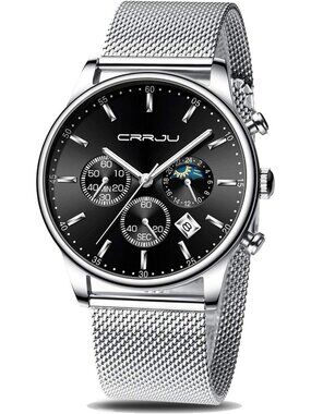Men's Silver Black Chronograph Waterproof Steel Quartz Mesh Strap Casual Watch